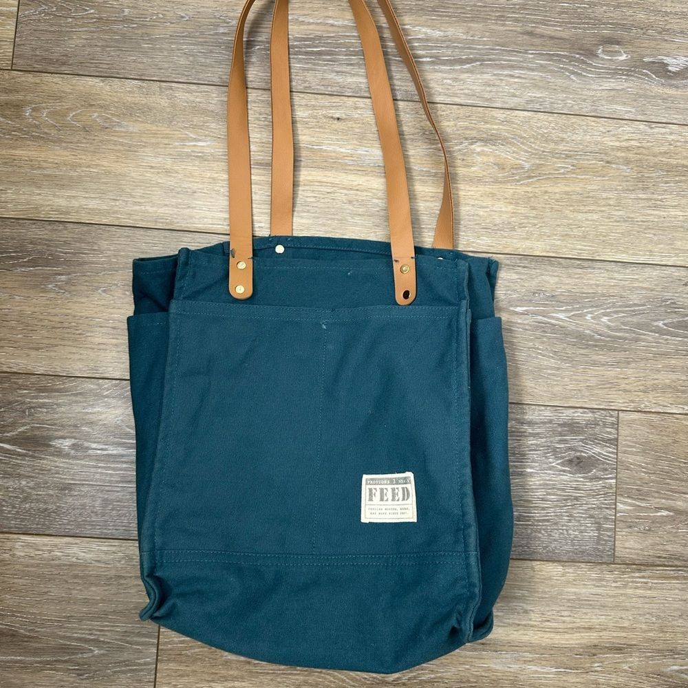 FEED Teal and Tan Shoulder Tote Bag